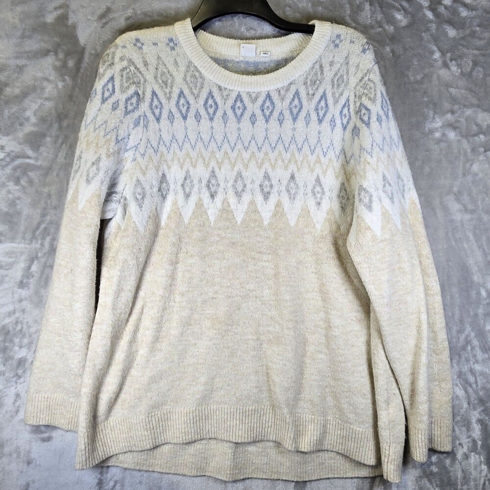 GAP Sweater Womens Large Cream Ivory Blue Fair Isle Geometric Aztec Soft